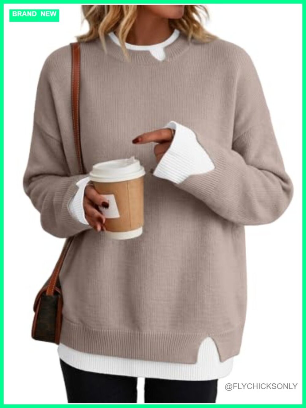 Oversized Patchwork Sweater Slit Cuffs Crew Neck Pullover Fall Winter